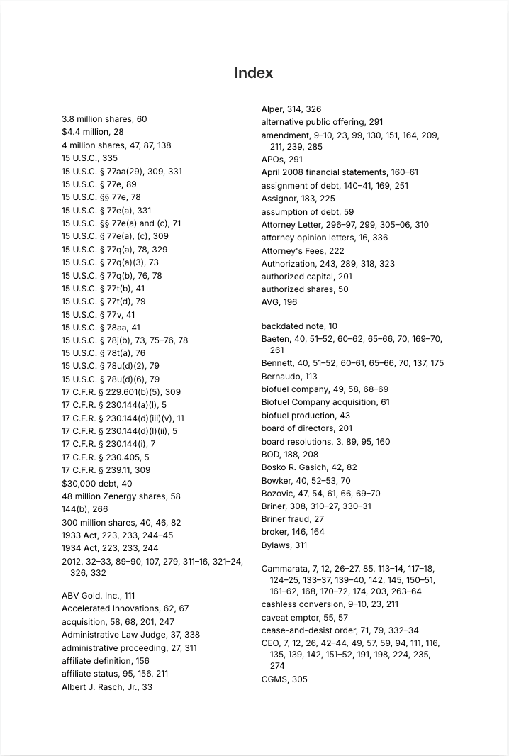 346 pages of SEC exhibits, emails, and testimony — indexed