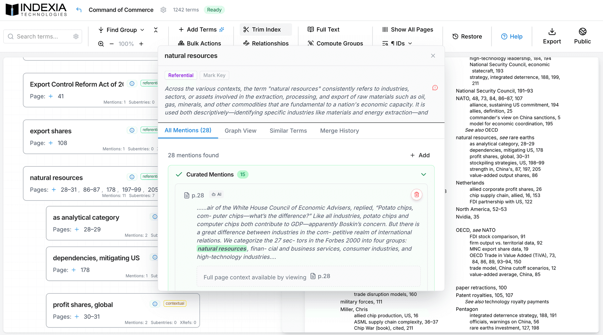 ExhibitX AI document analysis interface showing extracted facts, entities, and relationships