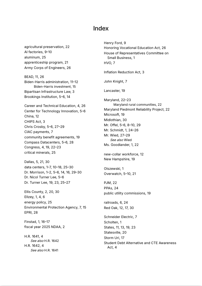 Indexed House Small Business Subcommittee hearing transcript showing speaker-attributed entries organized by topic, person, and policy reference